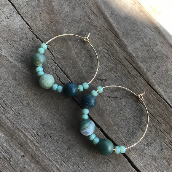 Matte Indian Agate Beaded Gold Plated Hoop Earring - Picture 4 of 8